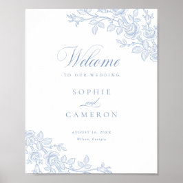 Póster Elegant Vintage Floral Dusty Blue Wedding Welcome