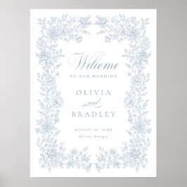 Póster Elegant Vintage Floral Dusty Blue Wedding Welcome