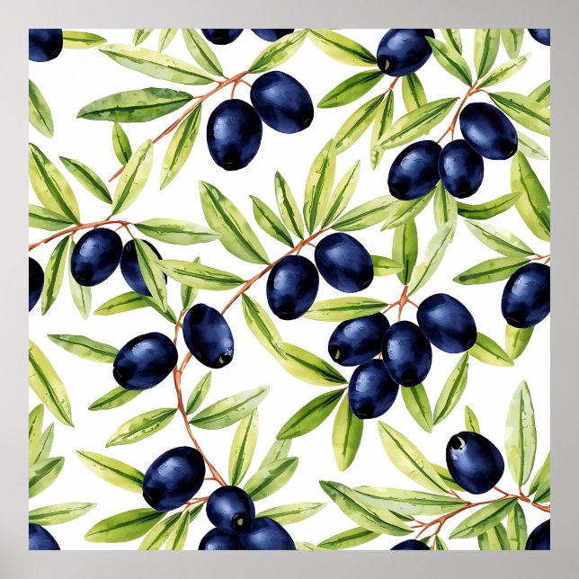 Póster Elegant Watercolor Black Olives Seamless Pattern  (Frente)