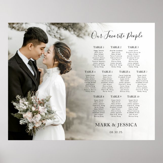 Póster Elegant Wedding 10 table Seating Chart with Photo (Frente)