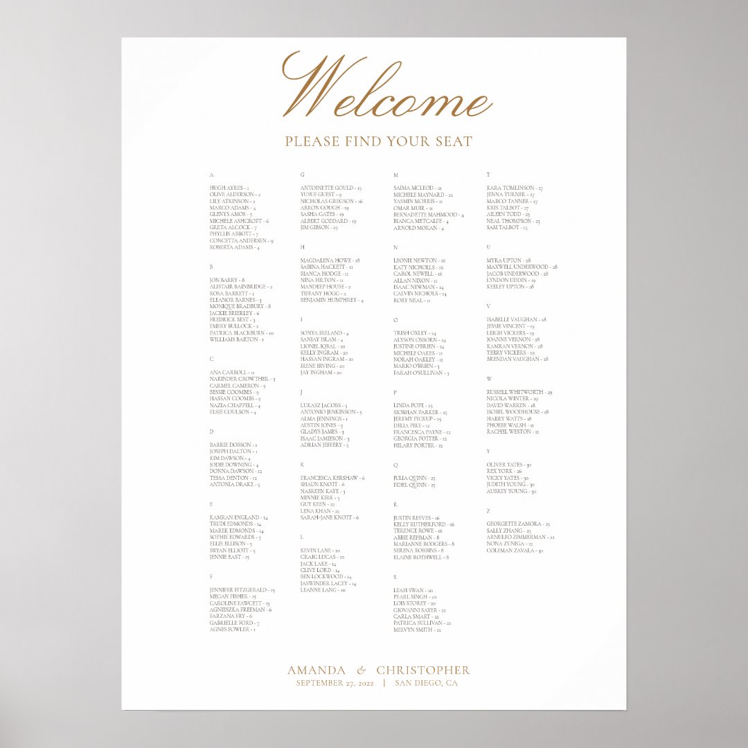 Póster Elegant Wedding Alphabetical Seating Chart Poster Zazzle.es