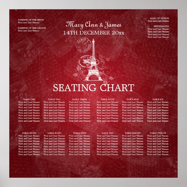 Póster Elegant Wedding Seating Chart Paris Red (Frente)