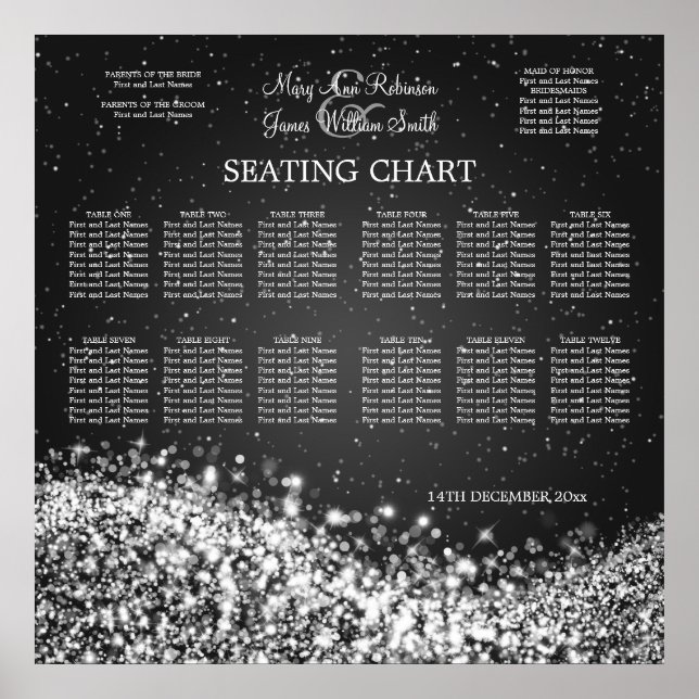Póster Elegant Wedding Seating Chart Sparkling Wave Black (Frente)