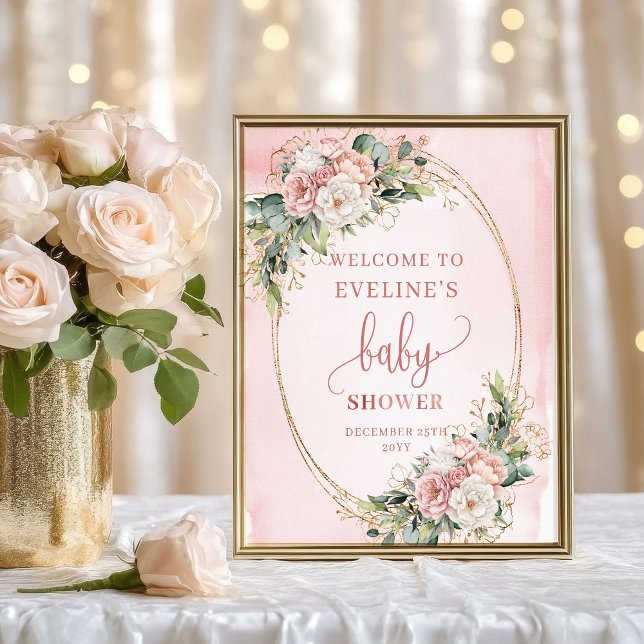 Póster Elegant Welcome Rose Gold Floral Baby Shower Sign (Elegant Welcome Rose Gold Floral Baby Shower Sign)