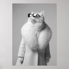 Póster Elegant White Cat in Fur Collar Coat Sunglasses