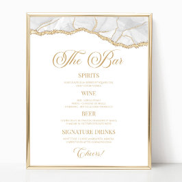 Póster Elegant White Gold Agate Party Bar Menu Sign