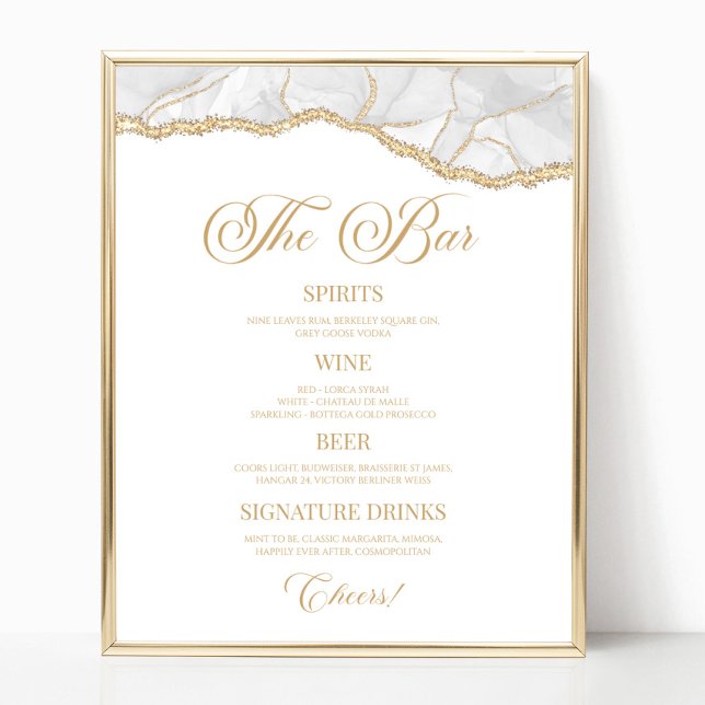 Póster Elegant White Gold Agate Party Bar Menu Sign (Subido por el creador)
