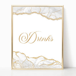 Póster Elegant White Gold Agate Party Drinks Sign