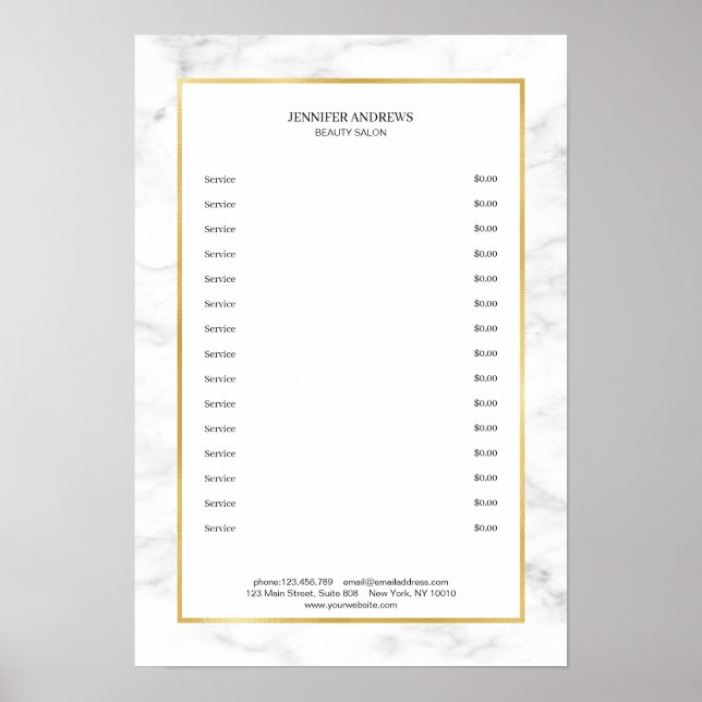 Póster Elegant White Marble Gold Pricelist Poster (Frente)