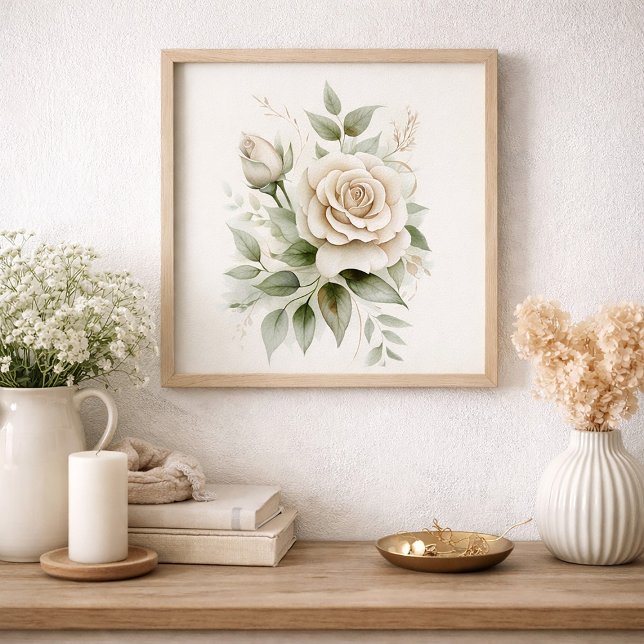 Póster Elegant White Rose Botanical Greenery Neutral  (White roses and greenery wall art)