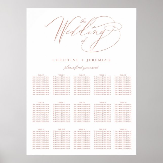 Póster Elegant White Rose Gold Script Wedding Seating (Frente)