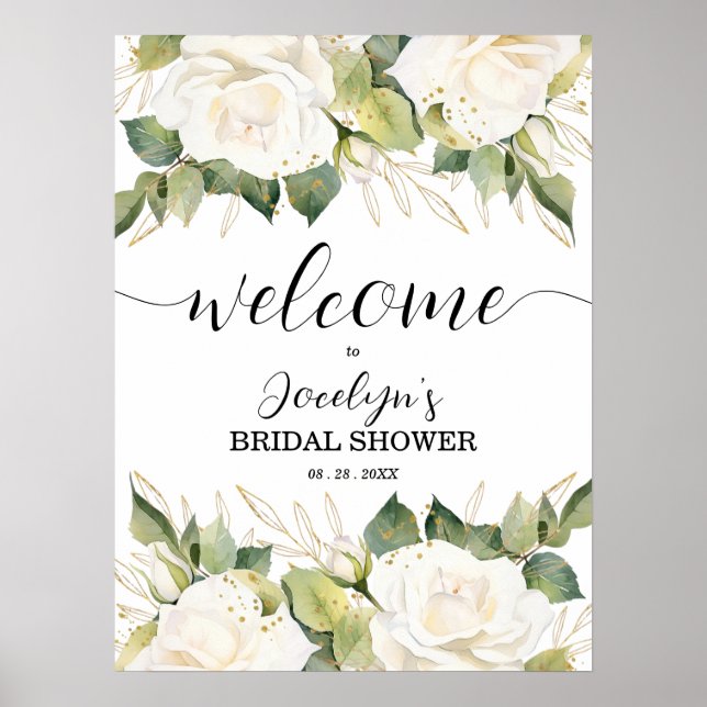Póster Elegant White Roses Bridal Shower Welcome (Frente)