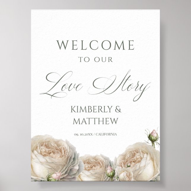 Póster Elegant White Roses Welcome Wedding Sign (Frente)