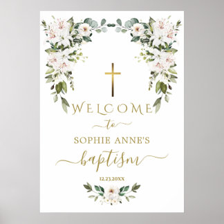 Póster Elegant WhiteLily Wild Rose Welcome Baptism Sign