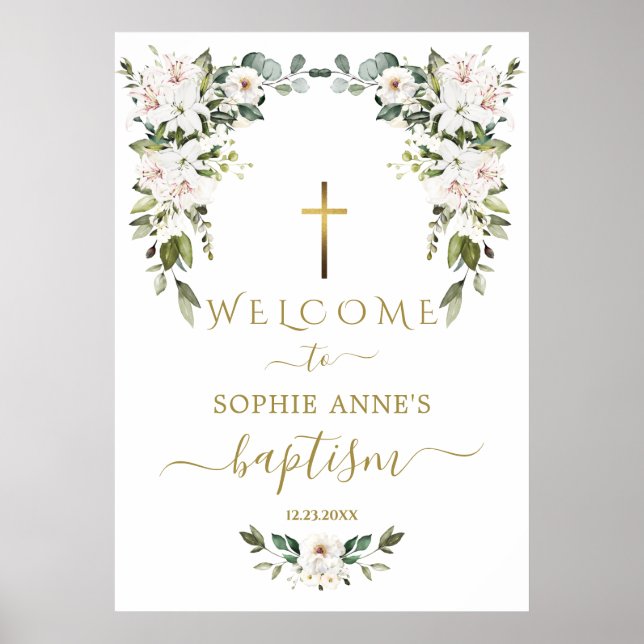Póster Elegant WhiteLily Wild Rose Welcome Baptism Sign (Frente)