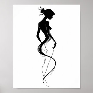 Póster Elegant Woman Silhouette Abstract Line Art Black 