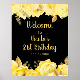 Póster Elegant Yellow and Gold Flowers Birthday Party
