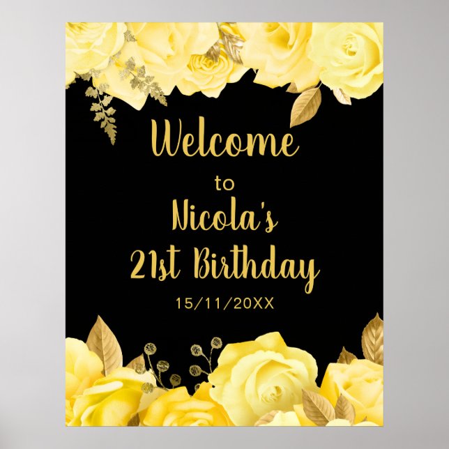 Póster Elegant Yellow and Gold Flowers Birthday Party (Frente)
