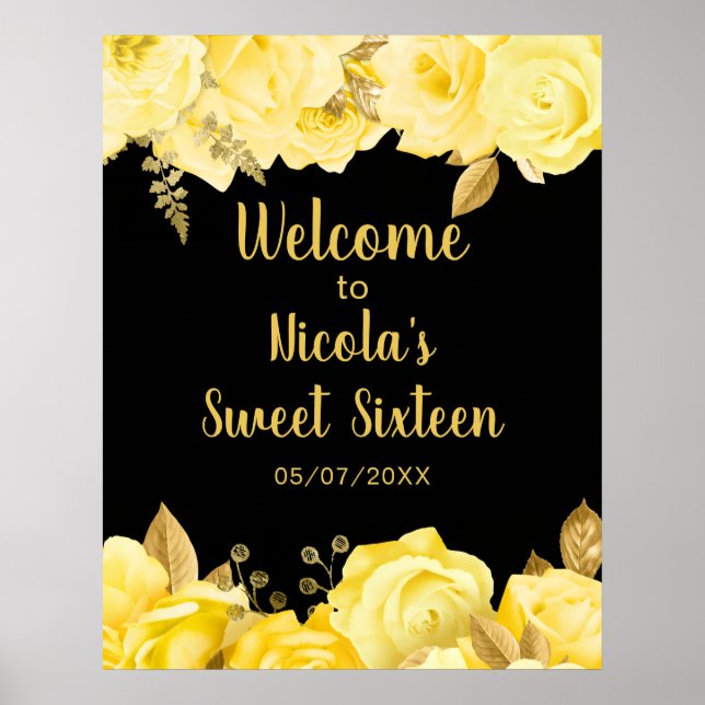 Póster Elegant Yellow and Gold Flowers Sweet Sixteen (Frente)