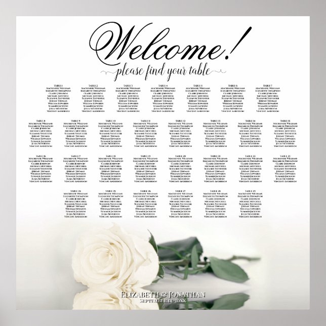 Póster Elegante 29 Tabla de asientos Boda de rosa blanco (Frente)