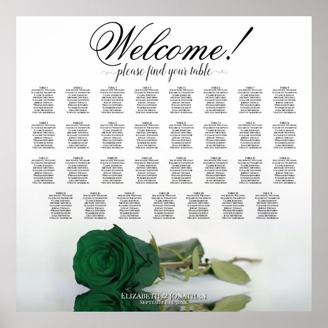 Póster Elegante 31 Tabla de asientos de Rosa verde esmera (Frente)