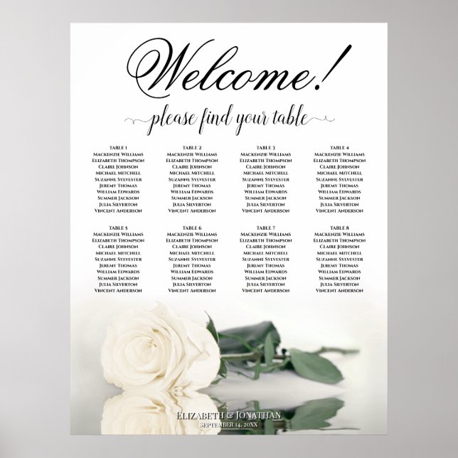 Póster Elegante 8 Tabla de asientos Boda de rosa blanco (Frente)