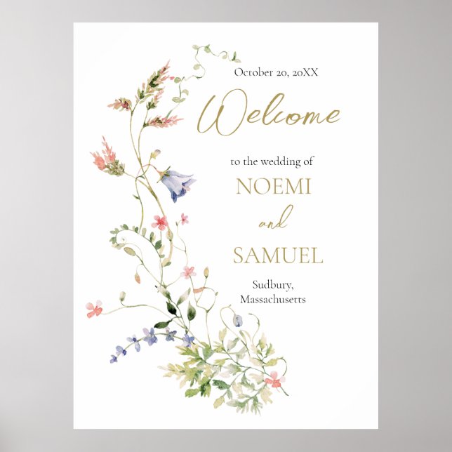 Póster Elegante acuarela Boda de flores silvestres Bienve (Frente)