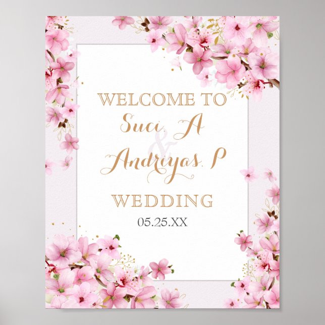 Póster Elegante acuarela Cerezo Blossom Primavera Boda (Frente)