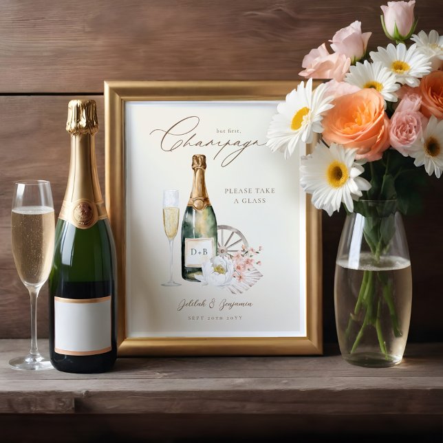 Póster Elegante acuarela Champagne Boda occidental (Elegant Watercolor Champagne Western Wedding Poster)