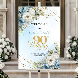 Póster Elegante acuarela cumpleaños 90 azul polvoriento d