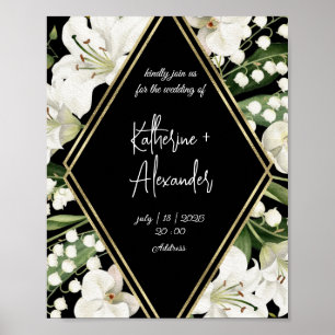 Póster Elegante acuarela floral blanco y negro