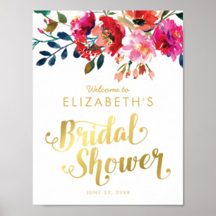 Póster Elegante acuarela floral Dorada blanca ducha de no