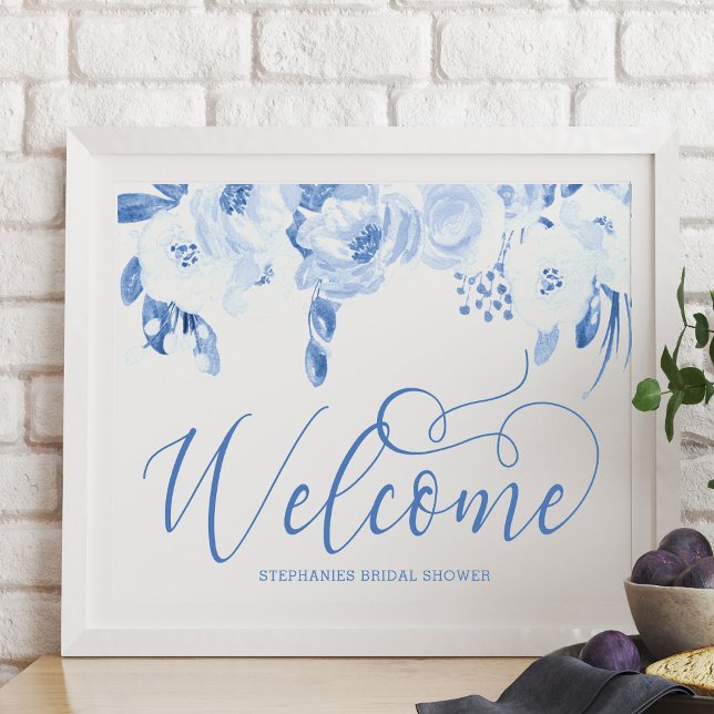 Póster Elegante acuarela Floral Dusty Azul signo de bienv (Welcome Poster from my Dusty Blue Watercolor Floral Bridal Shower)
