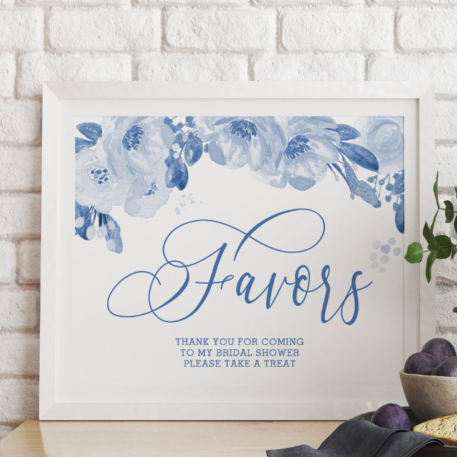 Póster Elegante acuarela Floral Dusty Blue Favor Rótulo (Favors Table Sign from my Dusty Blue Watercolor Floral Bridal Shower)