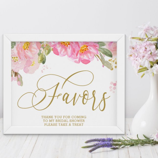 Póster Elegante acuarela Floral Oro Rosa Favorece Rótulo (Favor table sign from my Pink and Gold Watercolor Floral Collection)