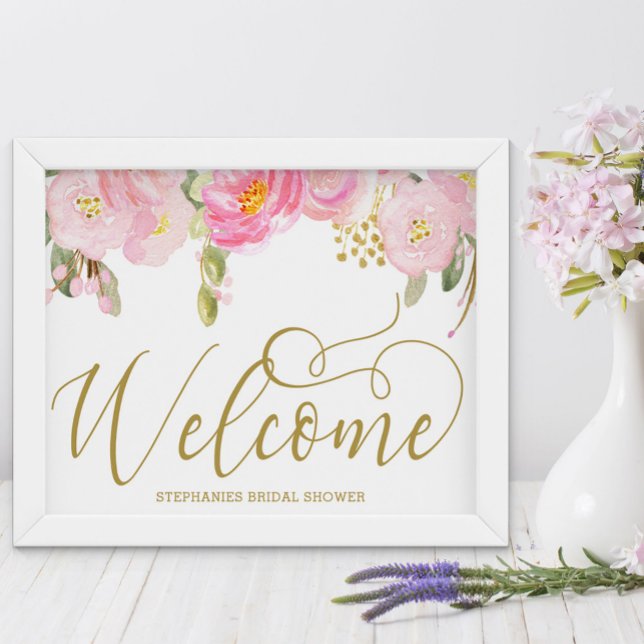 Póster Elegante acuarela Floral Oro signo de bienvenida (Welcome Sign from my Pink and Gold Watercolor Floral Collection)