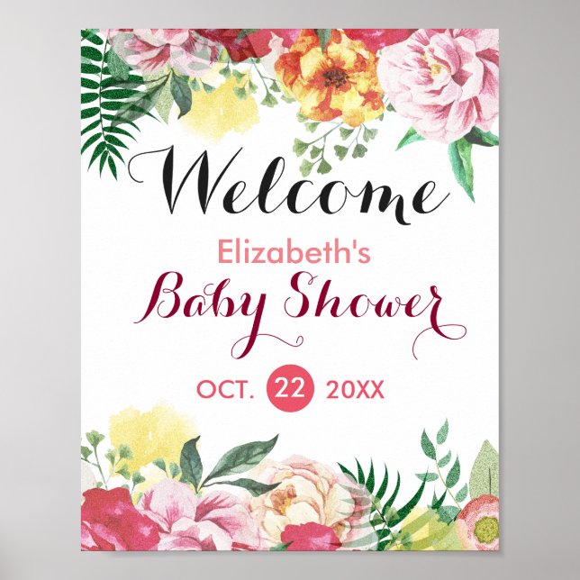 Póster Elegante acuarela Floral Rótulo Baby Shower Poster (Frente)