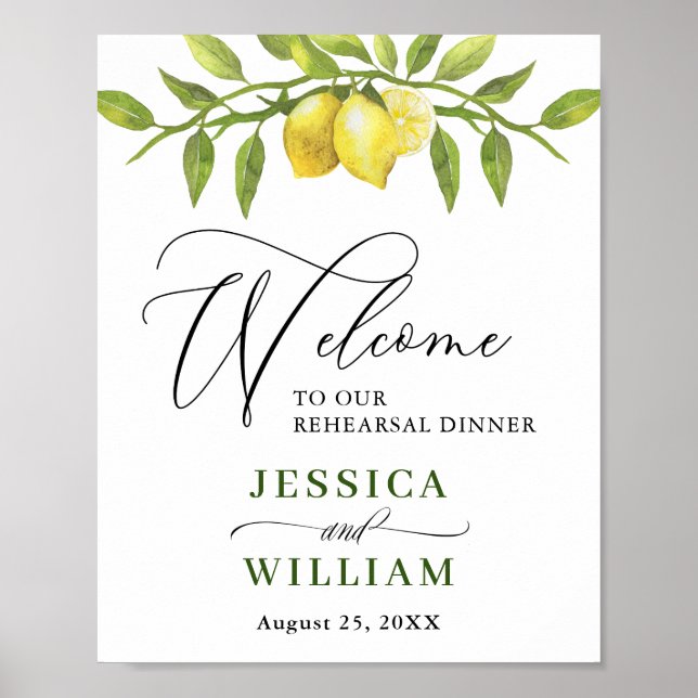 Póster Elegante acuarela Lemon Greenery REHEARSAL CENA (Frente)