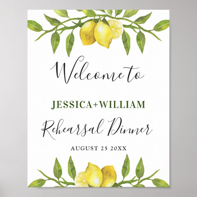 Póster Elegante acuarela Lemon Greenery REHEARSAL CENA (Frente)
