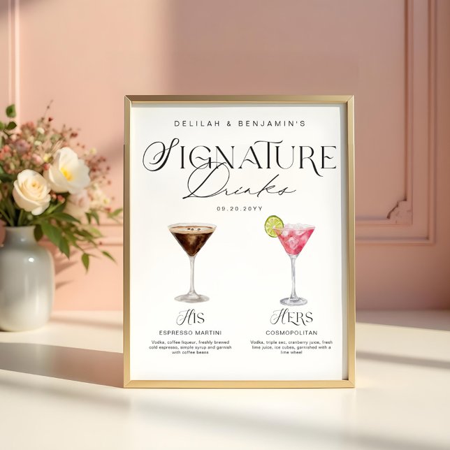 Póster Elegante acuarela su Boda de bebida de firma (Elegant Watercolor His Her Signature Drink Wedding Poster)