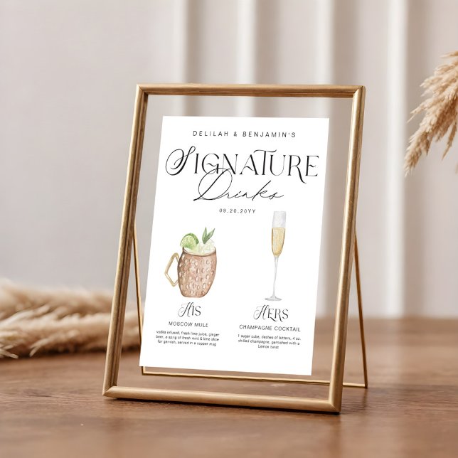 Póster Elegante acuarela su Boda de bebida de firma (Elegant Watercolor His Her Signature Drink Wedding Poster)