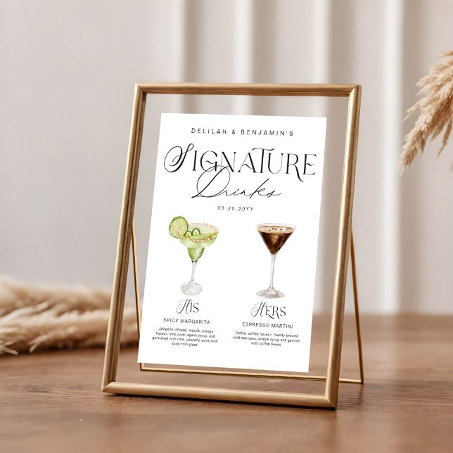Póster Elegante acuarela su Boda de bebida de firma (Elegant Watercolor His Her Signature Drink Wedding Poster)