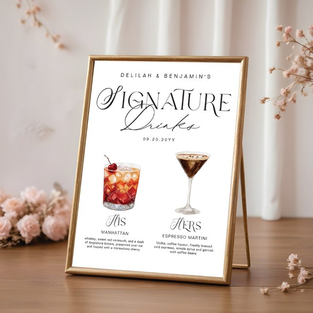 Póster Elegante acuarela su Boda de bebida de firma (Elegant Watercolor His Her Signature Drink Wedding Poster)
