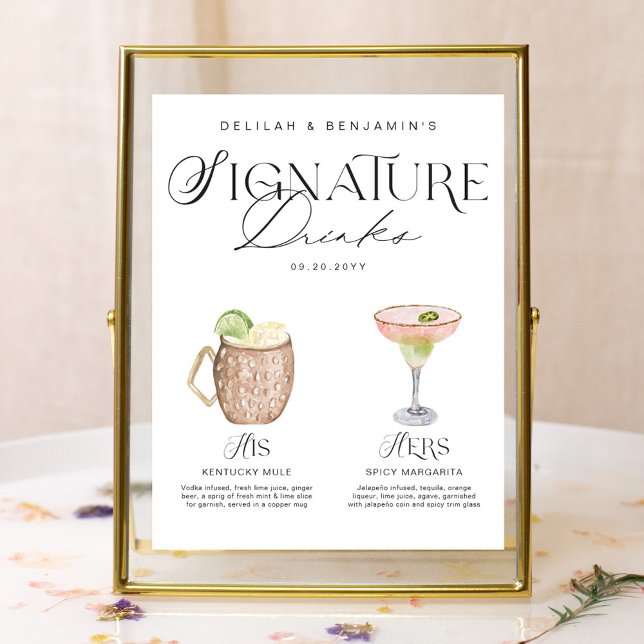 Póster Elegante acuarela su Boda de bebida de firma (Elegant Watercolor His Her Signature Drink Wedding Poster)