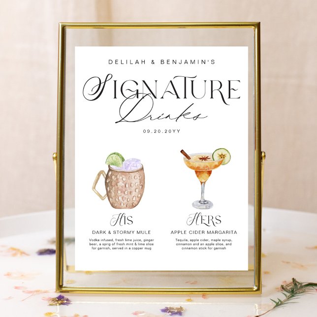 Póster Elegante acuarela su Boda de bebida de firma (Elegant Watercolor His Her Signature Drink Wedding Poster)