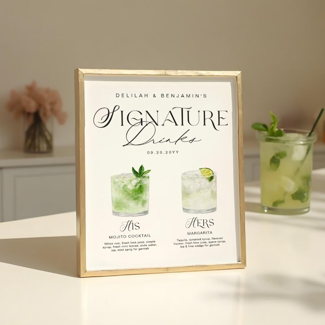 Póster Elegante acuarela su Boda de bebida de firma (Elegant Watercolor His Her Signature Drink Wedding Poster)
