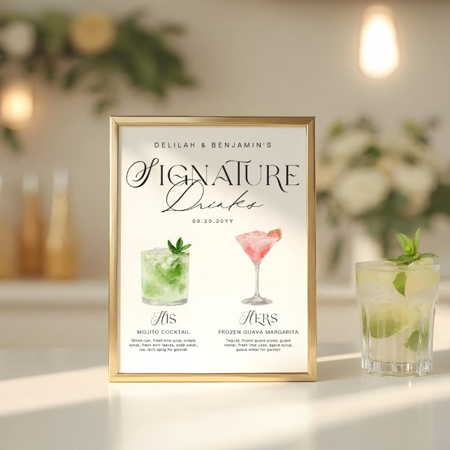 Póster Elegante acuarela su Boda de bebida de firma (Elegant Watercolor His Her Signature Drink Wedding Poster)