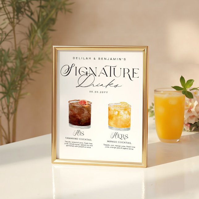 Póster Elegante acuarela su Boda de bebida de firma (Elegant Watercolor His Her Signature Drink Wedding Poster)