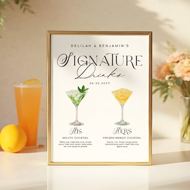 Póster Elegante acuarela su Boda de bebida de firma (Elegant Watercolor His Her Signature Drink Wedding Poster)
