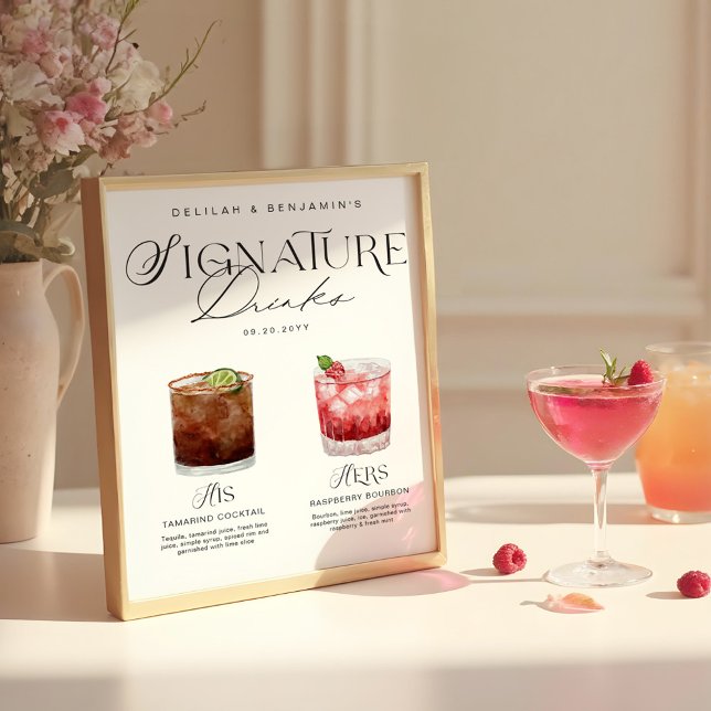 Póster Elegante acuarela su Boda de bebida de firma (Elegant Watercolor His Her Signature Drink Wedding Poster)